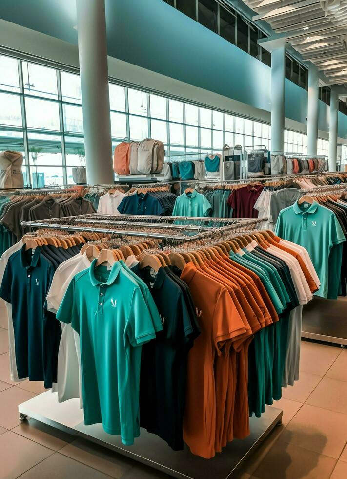 Row of fashionable polo t-shirts for man on wooden hanger or rack in a clothing boutique retail shop concept by AI Generated photo