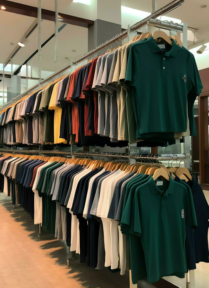 Row of fashionable polo t-shirts for man on wooden hanger or rack in a clothing boutique retail shop concept by AI Generated photo