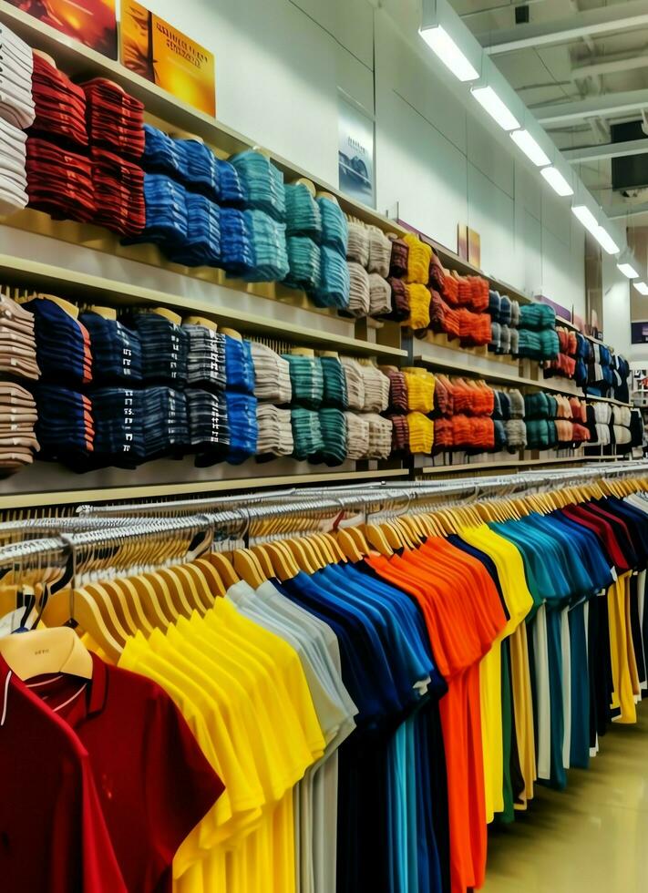 Row of fashionable polo t-shirts for man on wooden hanger or rack in a clothing boutique retail shop concept by AI Generated photo