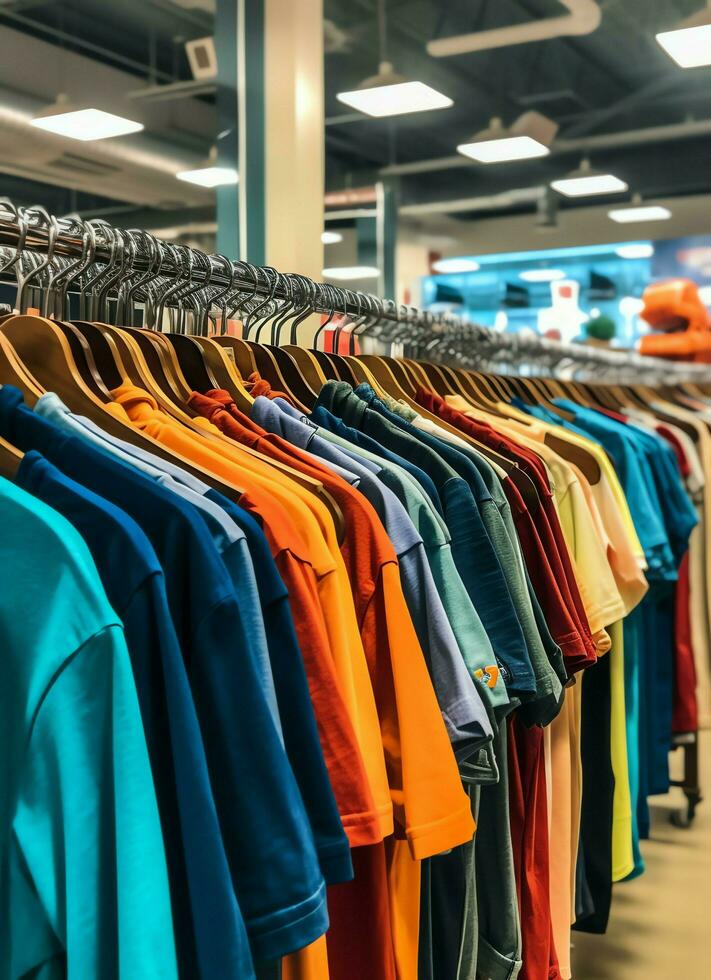 Row of fashionable polo t-shirts for man on wooden hanger or rack in a clothing boutique retail shop concept by AI Generated photo