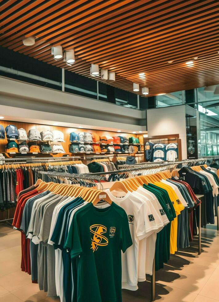 Row of fashionable polo t-shirts for man on wooden hanger or rack in a clothing boutique retail shop concept by AI Generated photo