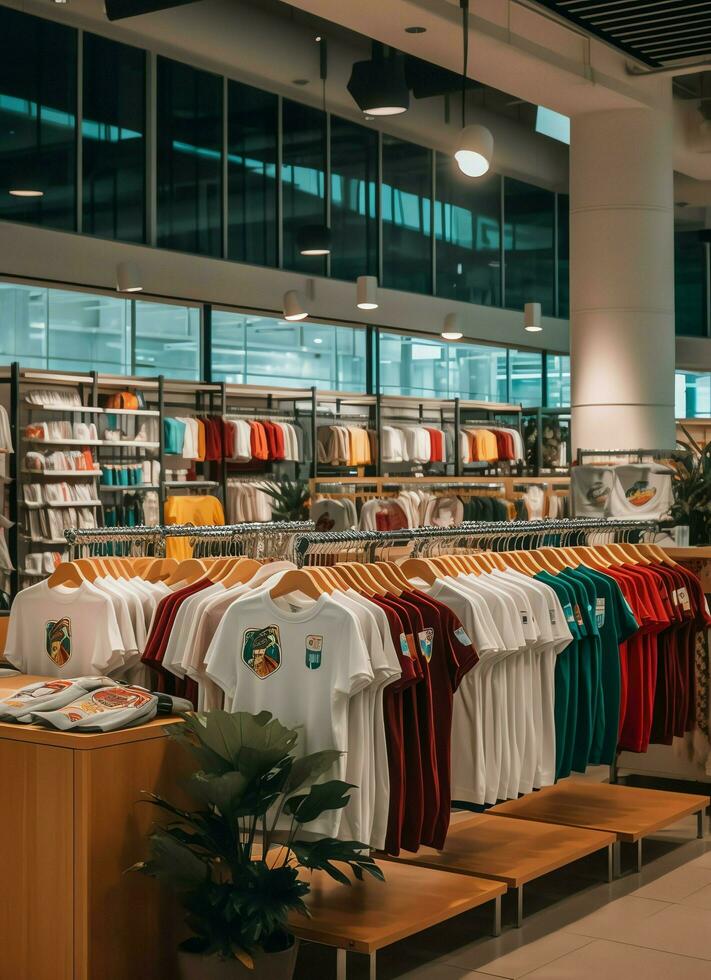 Row of fashionable polo t-shirts for man on wooden hanger or rack in a clothing boutique retail shop concept by AI Generated photo