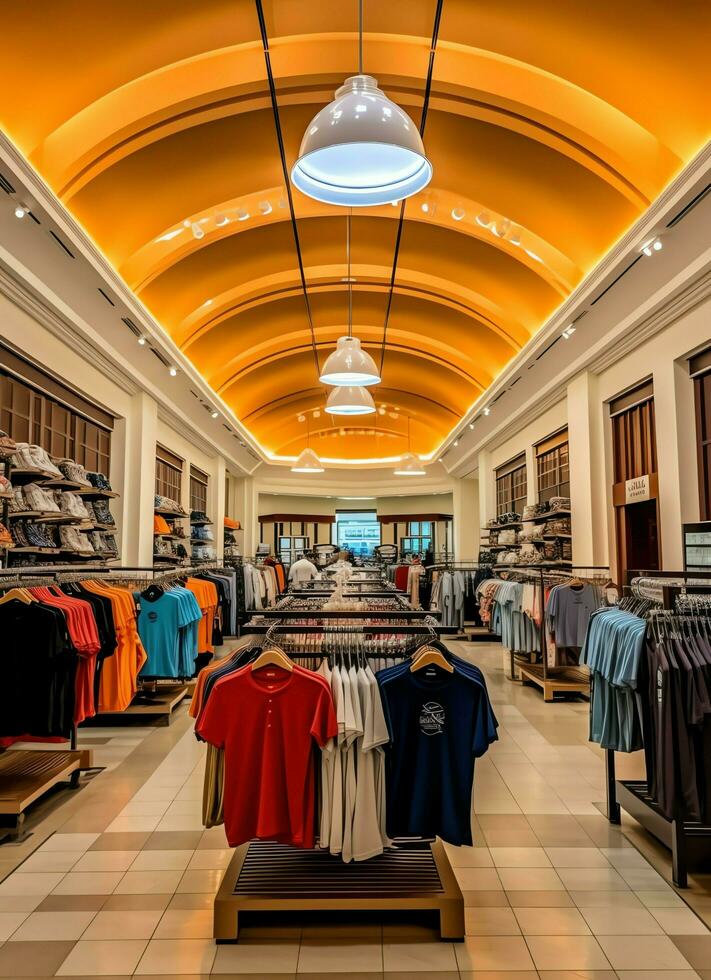 Row of fashionable polo t-shirts for man on wooden hanger or rack in a clothing boutique retail shop concept by AI Generated photo