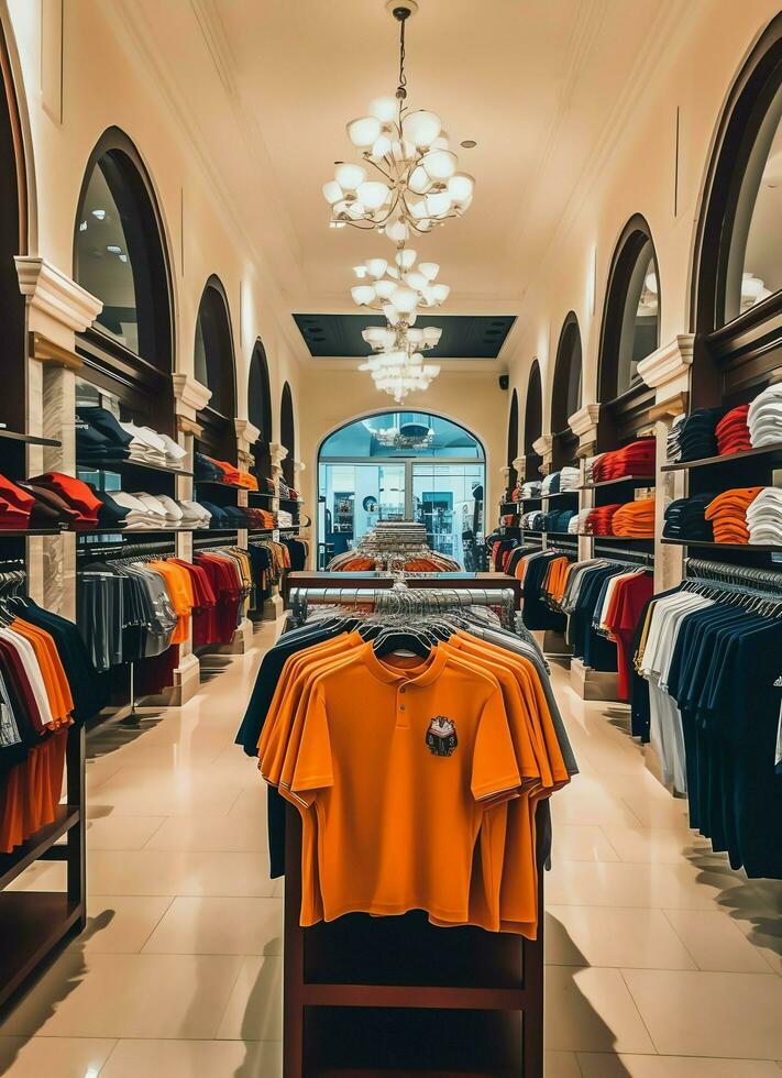 Row of fashionable polo t-shirts for man on wooden hanger or rack in a clothing boutique retail shop concept by AI Generated photo