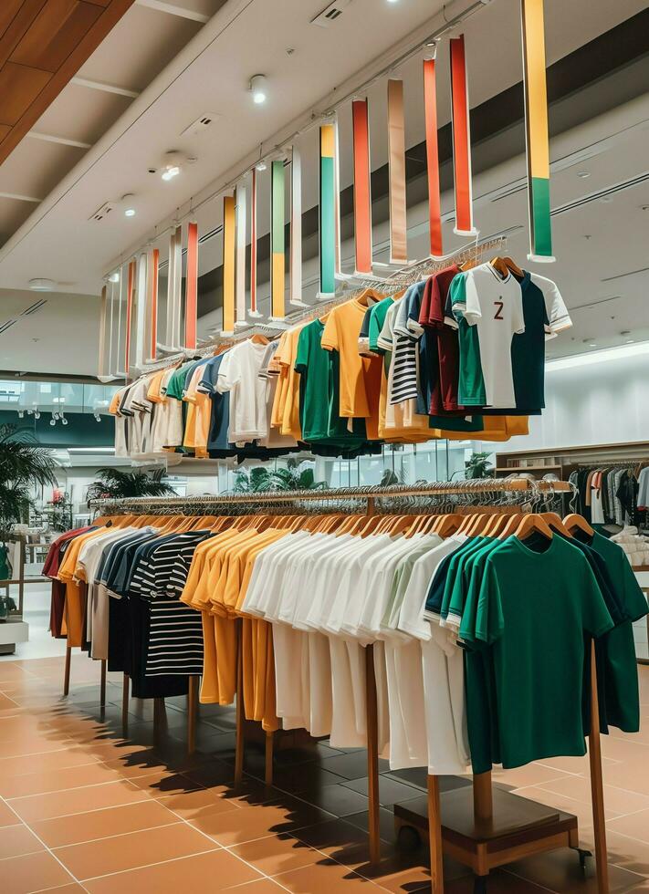 Row of fashionable polo t-shirts for man on wooden hanger or rack in a clothing boutique retail shop concept by AI Generated photo