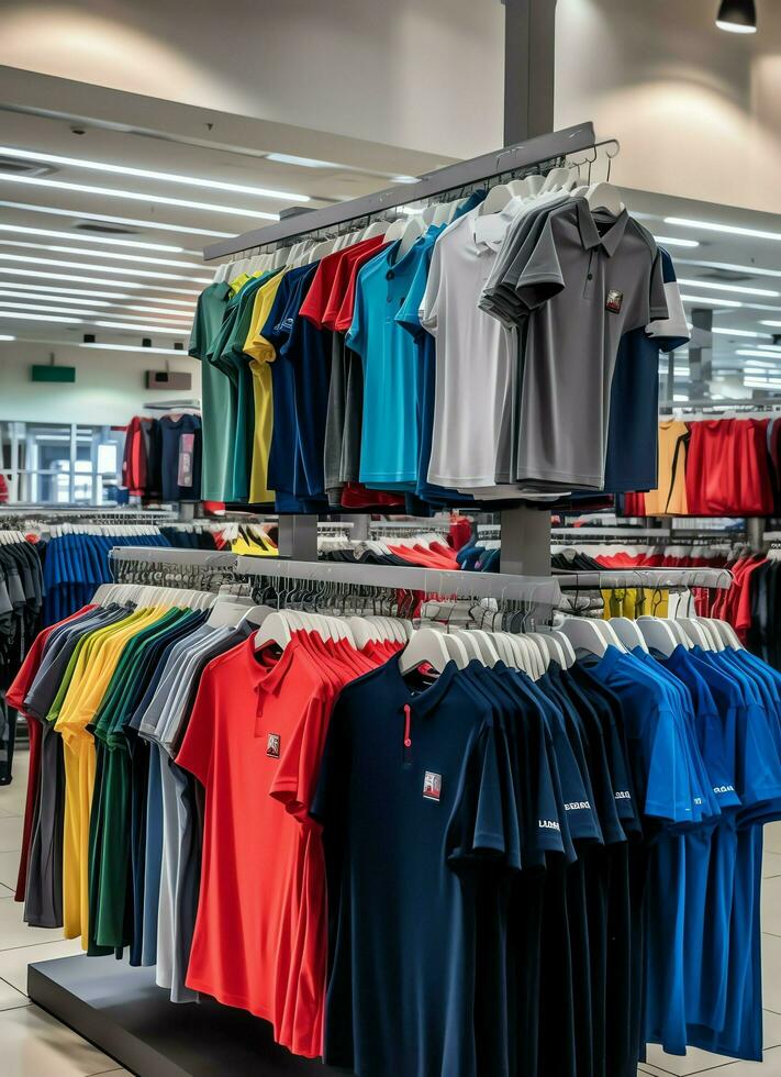 fila de de moda polo camisetas para hombre en de madera percha o estante en un ropa boutique Al por menor tienda concepto por ai generado foto