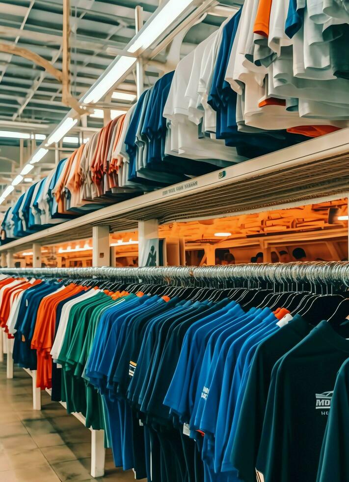 Row of fashionable polo t-shirts for man on wooden hanger or rack in a clothing boutique retail shop concept by AI Generated photo