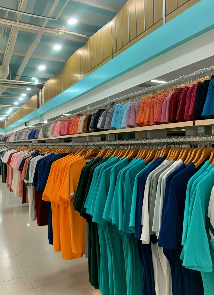 Row of fashionable polo t-shirts for man on wooden hanger or rack in a clothing boutique retail shop concept by AI Generated photo