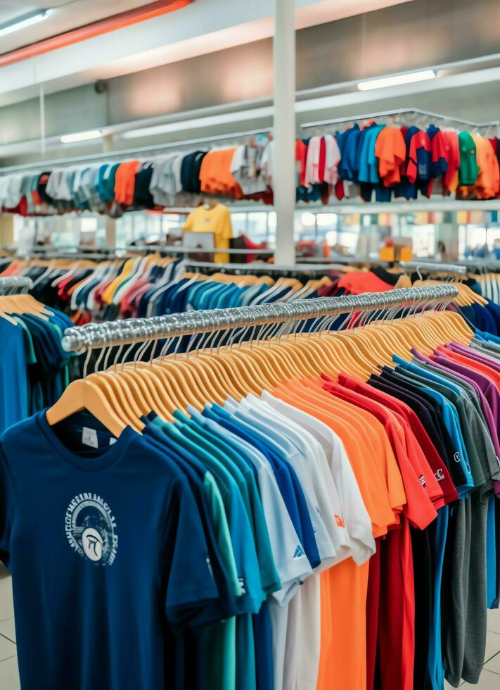 Row of fashionable polo t-shirts for man on wooden hanger or rack in a clothing boutique retail shop concept by AI Generated photo