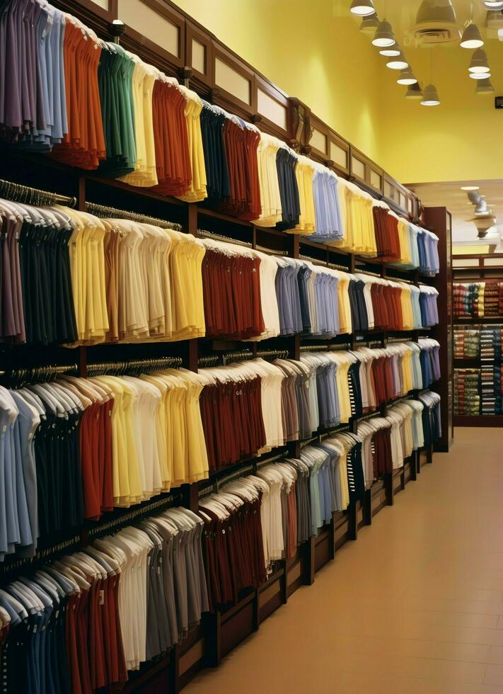 Row of fashionable polo t-shirts for man on wooden hanger or rack in a clothing boutique retail shop concept by AI Generated photo