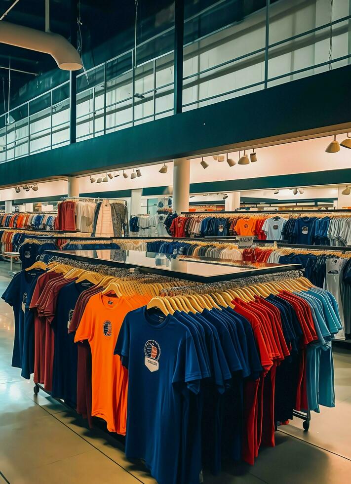 Row of fashionable polo t-shirts for man on wooden hanger or rack in a clothing boutique retail shop concept by AI Generated photo