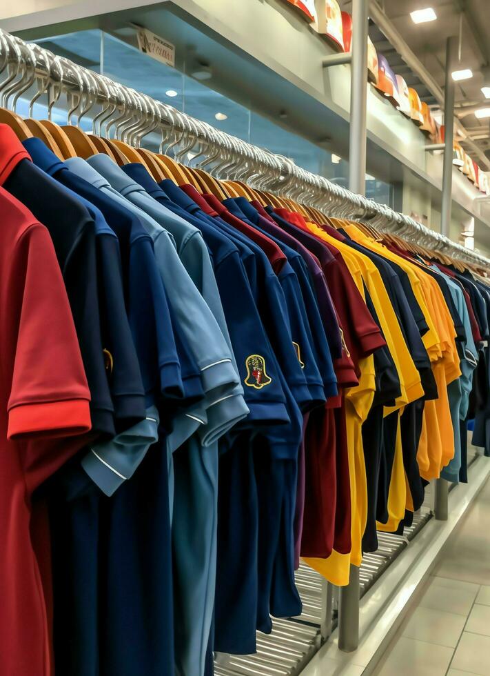 Row of fashionable polo t-shirts for man on wooden hanger or rack in a clothing boutique retail shop concept by AI Generated photo