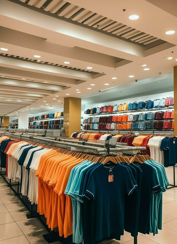 Row of fashionable polo t-shirts for man on wooden hanger or rack in a clothing boutique retail shop concept by AI Generated photo