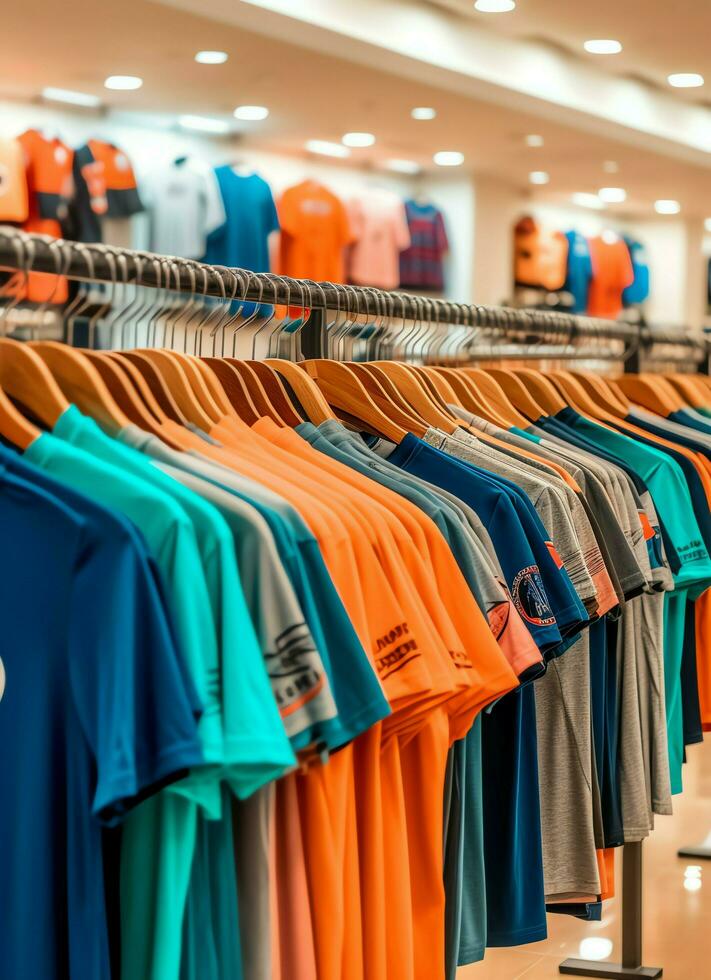 Row of fashionable polo t-shirts for man on wooden hanger or rack in a clothing boutique retail shop concept by AI Generated photo