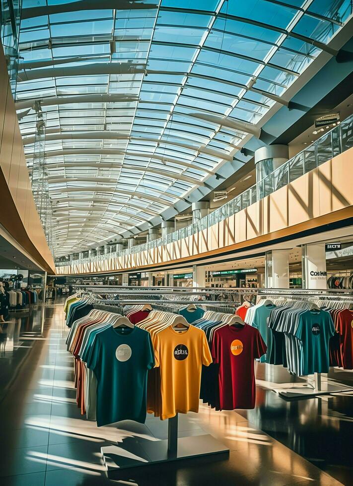 Row of fashionable polo t-shirts for man on wooden hanger or rack in a clothing boutique retail shop concept by AI Generated photo