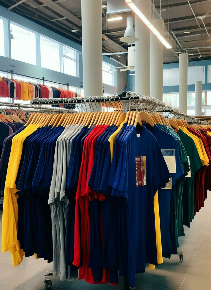 Row of fashionable polo t-shirts for man on wooden hanger or rack in a clothing boutique retail shop concept by AI Generated photo