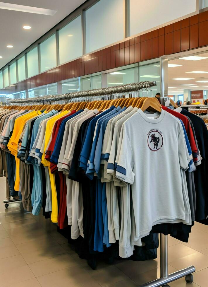 Row of fashionable polo t-shirts for man on wooden hanger or rack in a clothing boutique retail shop concept by AI Generated photo