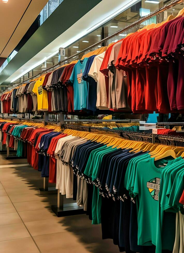 Row of fashionable polo t-shirts for man on wooden hanger or rack in a clothing boutique retail shop concept by AI Generated photo