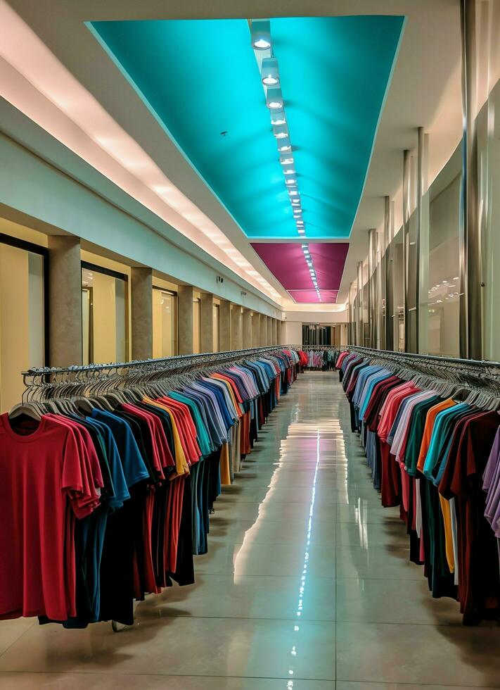 Row of fashionable polo t-shirts for man on wooden hanger or rack in a clothing boutique retail shop concept by AI Generated photo