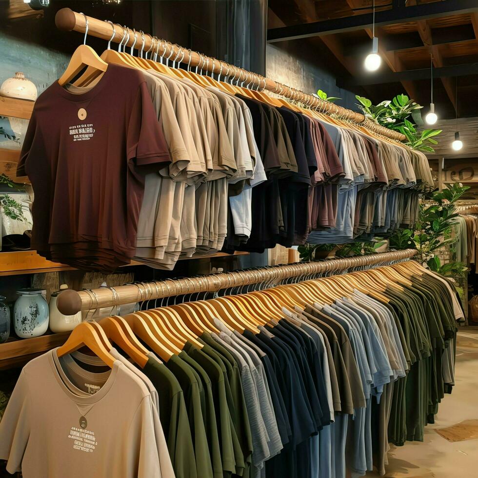 Row of fashionable polo t-shirts for man on wooden hanger or rack in a clothing boutique retail shop concept by AI Generated photo