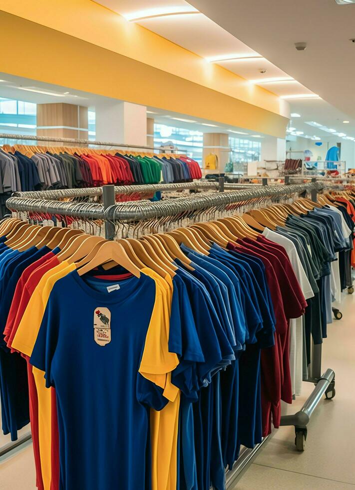 Row of fashionable polo t-shirts for man on wooden hanger or rack in a clothing boutique retail shop concept by AI Generated photo