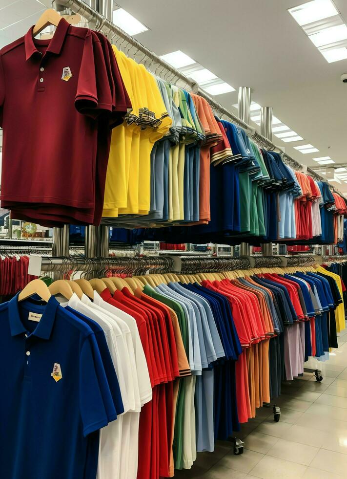 Row of fashionable polo t-shirts for man on wooden hanger or rack in a clothing boutique retail shop concept by AI Generated photo