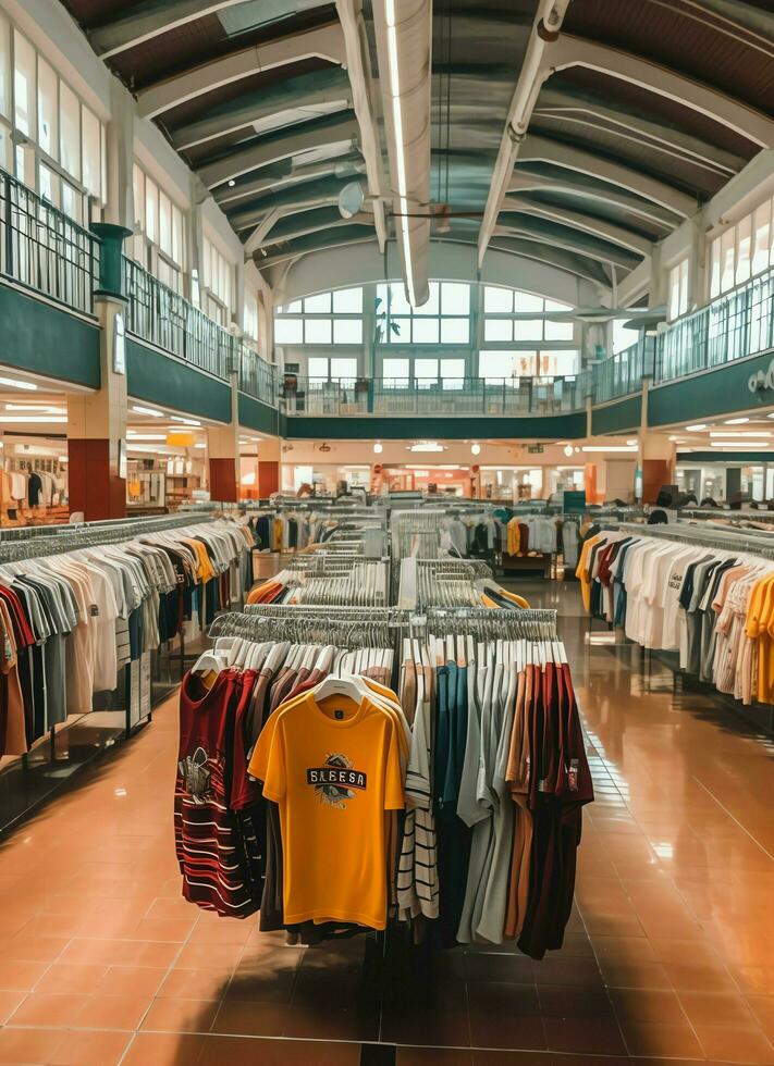 Row of fashionable polo t-shirts for man on wooden hanger or rack in a clothing boutique retail shop concept by AI Generated photo