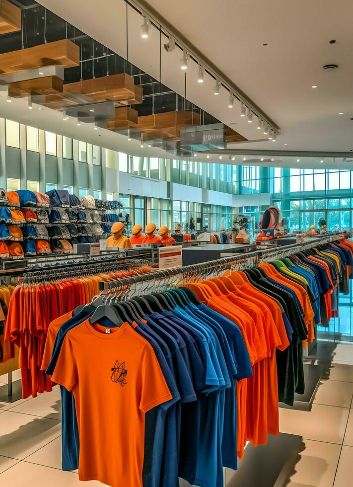 Row of fashionable polo t-shirts for man on wooden hanger or rack in a clothing boutique retail shop concept by AI Generated photo