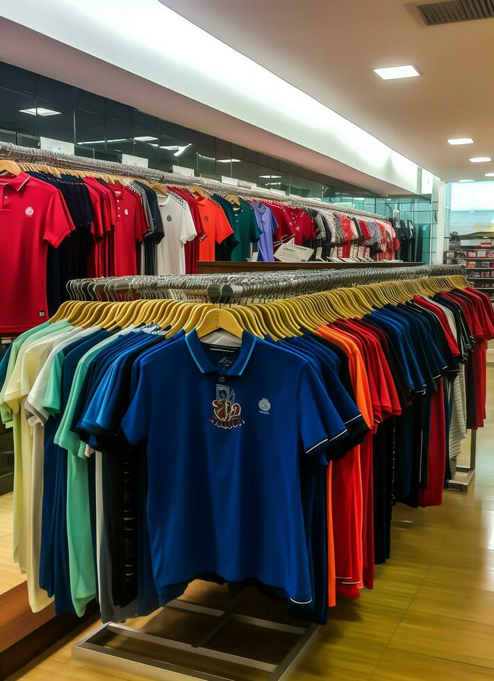 fila de de moda polo camisetas para hombre en de madera percha o estante en un ropa boutique Al por menor tienda concepto por ai generado foto