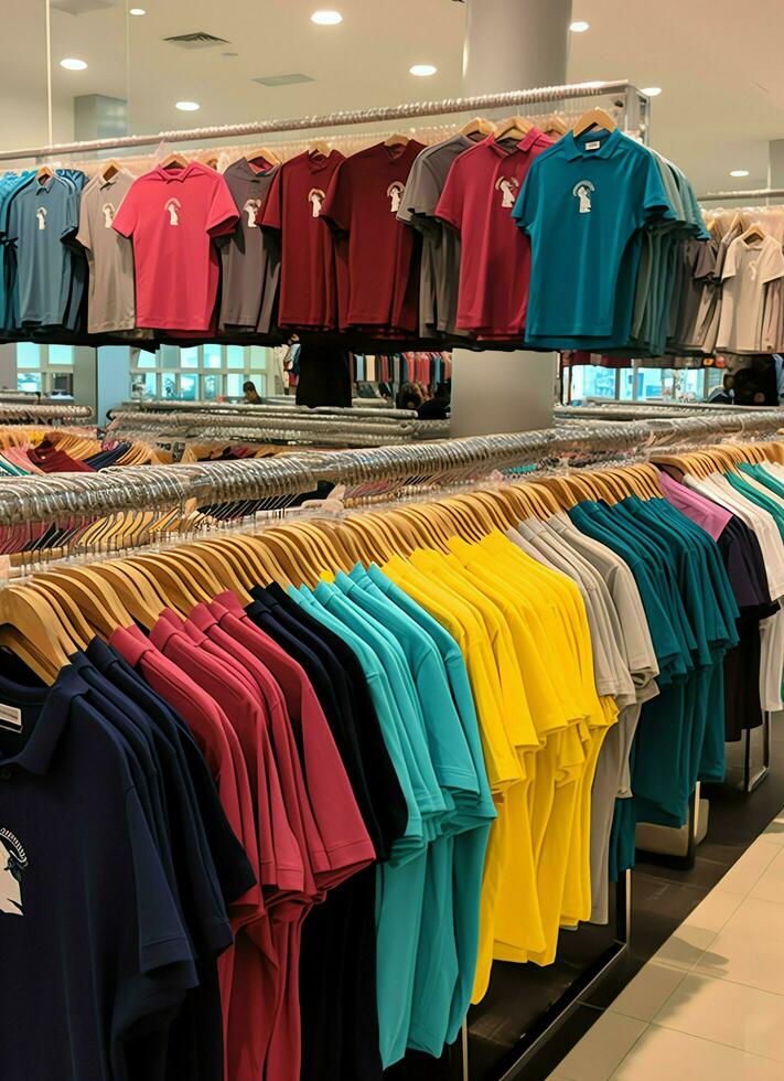 Row of fashionable polo t-shirts for man on wooden hanger or rack in a clothing boutique retail shop concept by AI Generated photo