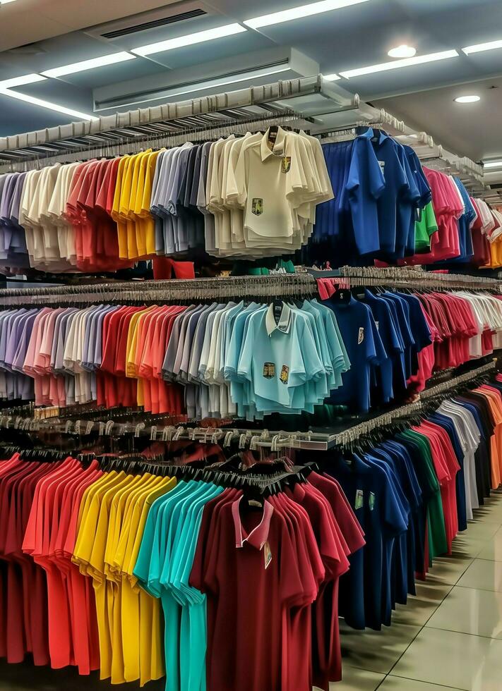 Row of fashionable polo t-shirts for man on wooden hanger or rack in a clothing boutique retail shop concept by AI Generated photo