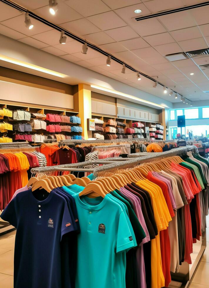 Row of fashionable polo t-shirts for man on wooden hanger or rack in a clothing boutique retail shop concept by AI Generated photo