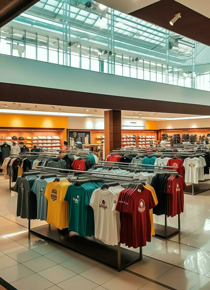 Row of fashionable polo t-shirts for man on wooden hanger or rack in a clothing boutique retail shop concept by AI Generated photo