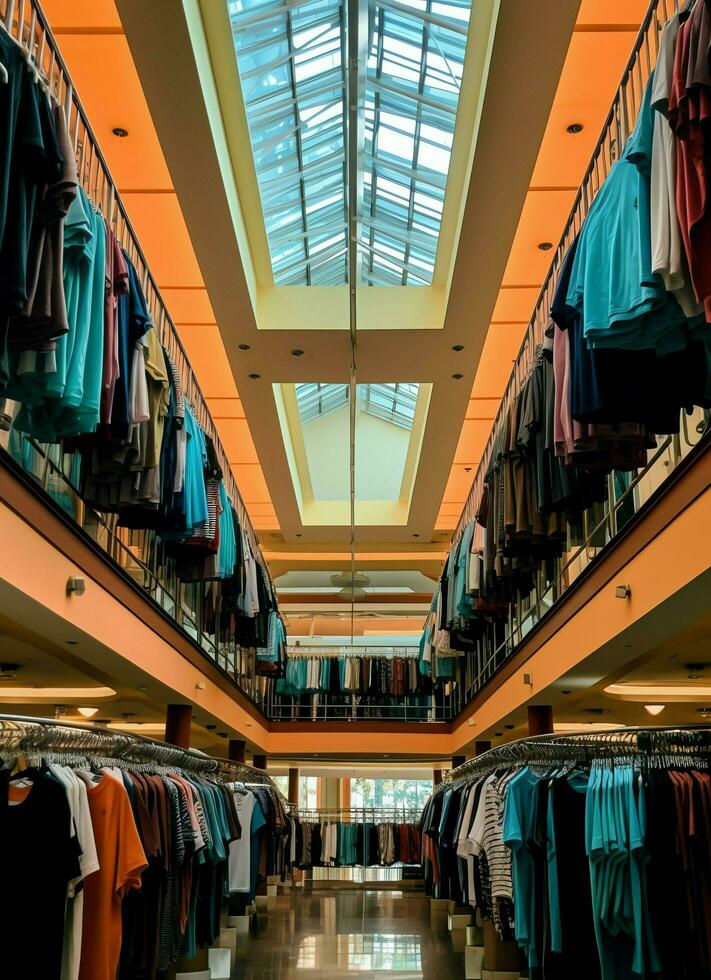 Row of fashionable polo t-shirts for man on wooden hanger or rack in a clothing boutique retail shop concept by AI Generated photo