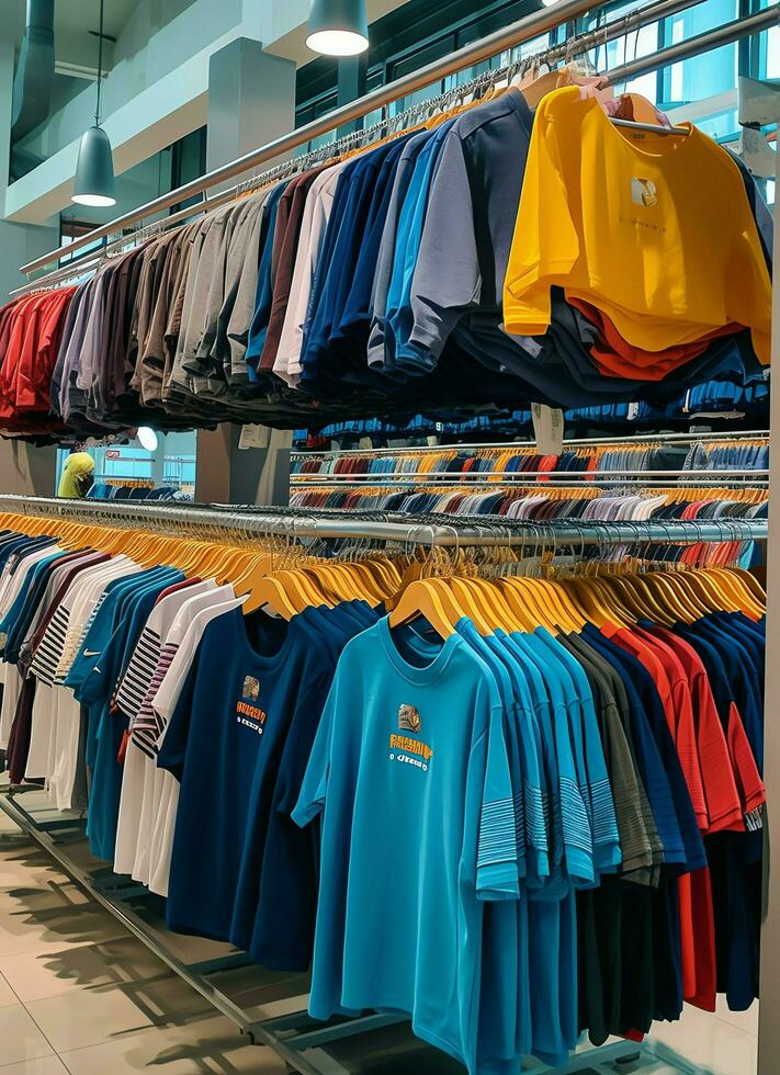 Row of fashionable polo t-shirts for man on wooden hanger or rack in a clothing boutique retail shop concept by AI Generated photo