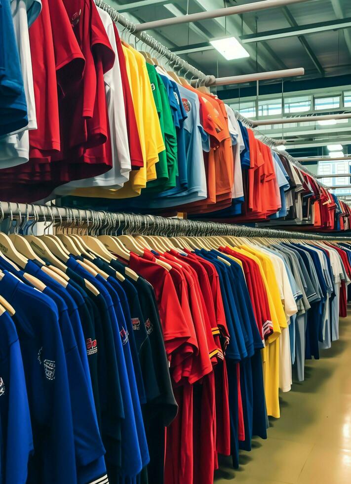Row of fashionable polo t-shirts for man on wooden hanger or rack in a clothing boutique retail shop concept by AI Generated photo