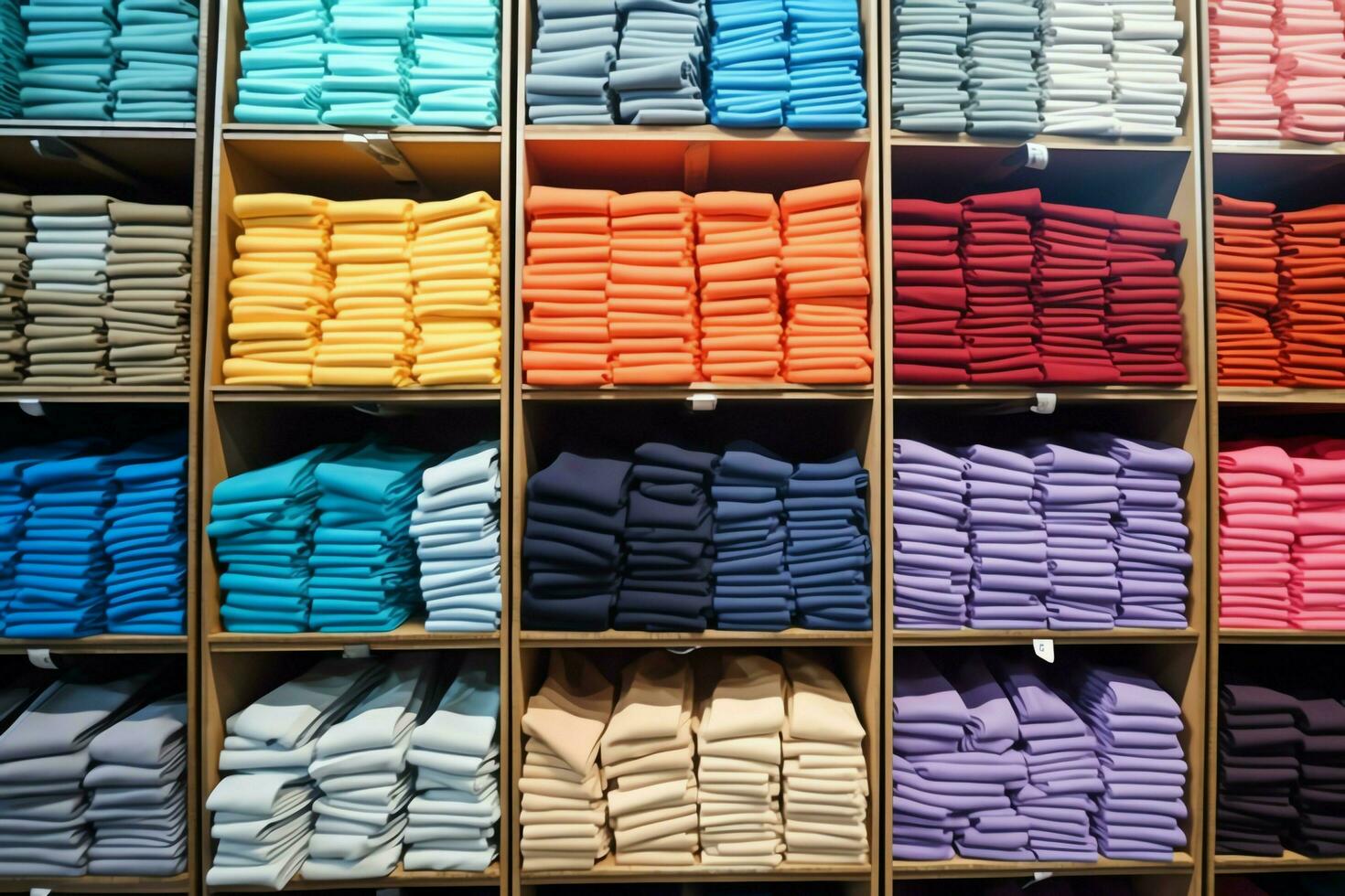 Row of fashionable polo t-shirts for man on wooden hanger or rack in a clothing boutique retail shop concept by AI Generated photo