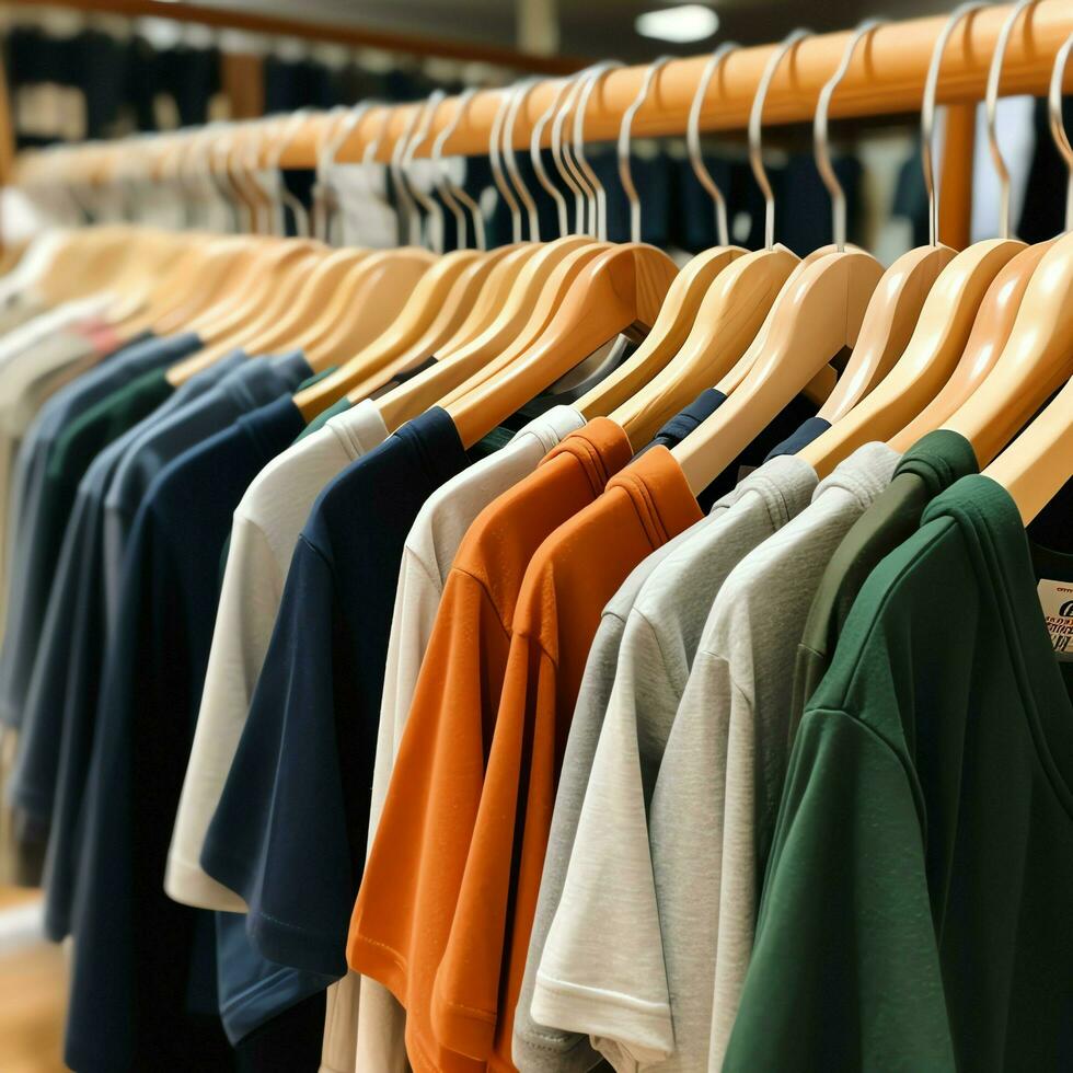 Row of fashionable polo t-shirts for man on wooden hanger or rack in a clothing boutique retail shop concept by AI Generated photo