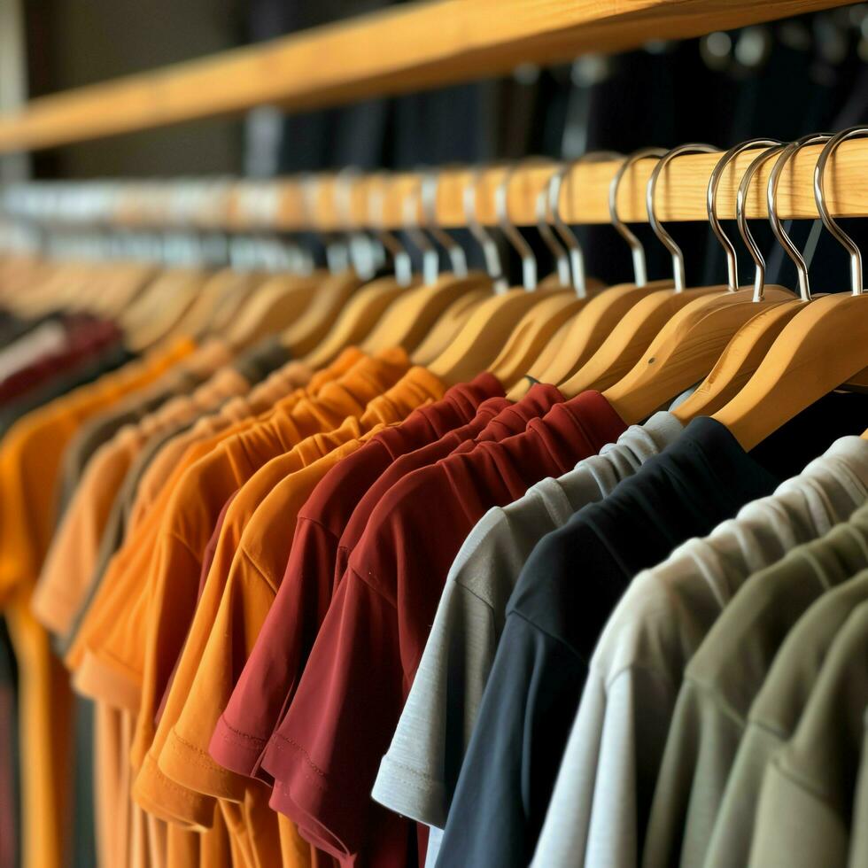 Row of fashionable polo t-shirts for man on wooden hanger or rack in a clothing boutique retail shop concept by AI Generated photo