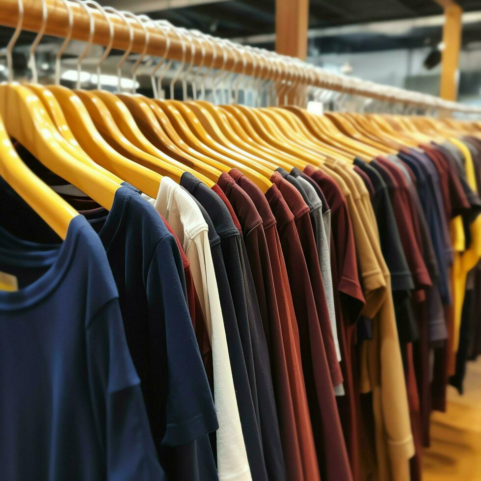 Row of fashionable polo t-shirts for man on wooden hanger or rack in a clothing boutique retail shop concept by AI Generated photo