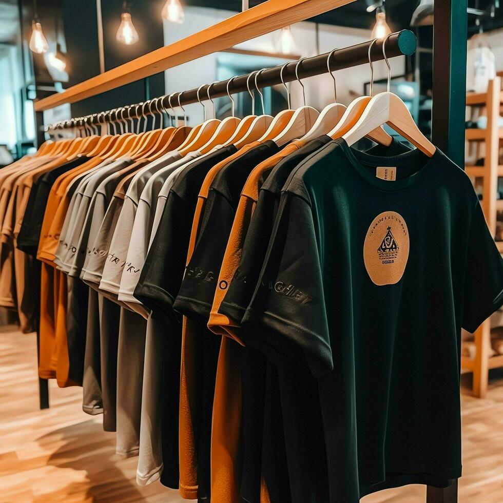 Row of fashionable polo t-shirts for man on wooden hanger or rack in a clothing boutique retail shop concept by AI Generated photo