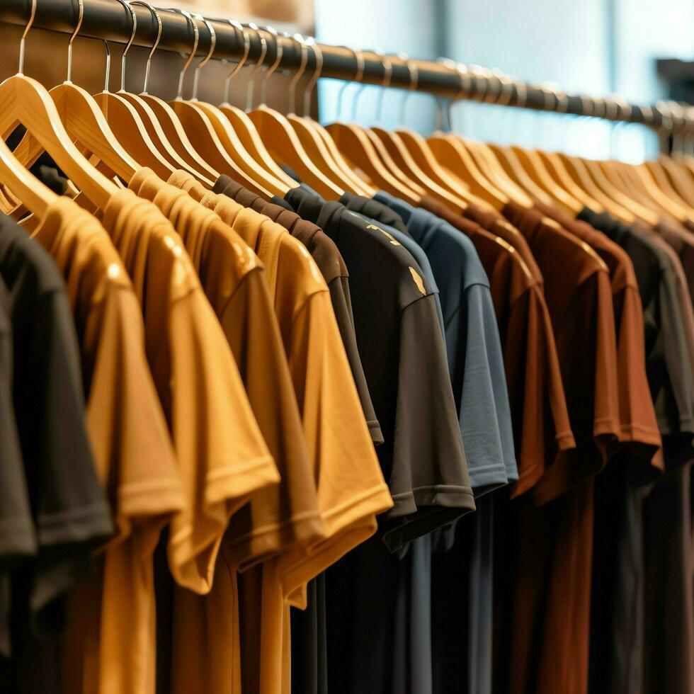 Row of fashionable polo t-shirts for man on wooden hanger or rack in a clothing boutique retail shop concept by AI Generated photo