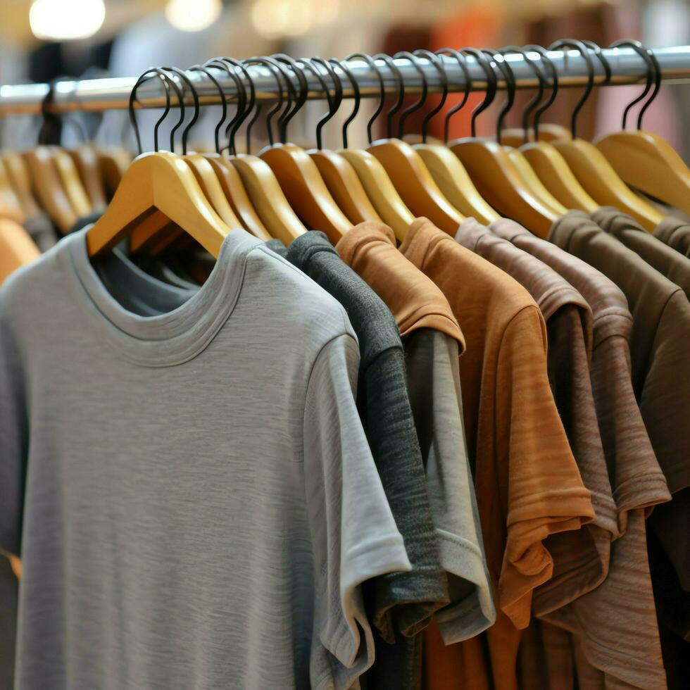 Row of fashionable polo t-shirts for man on wooden hanger or rack in a clothing boutique retail shop concept by AI Generated photo