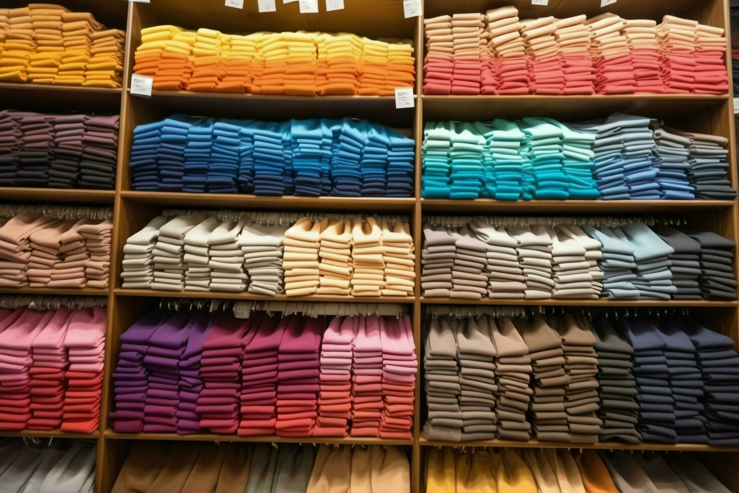 Row of fashionable polo t-shirts for man on wooden hanger or rack in a clothing boutique retail shop concept by AI Generated photo