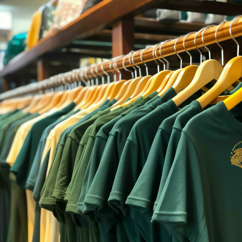 Row of fashionable polo t-shirts for man on wooden hanger or rack in a clothing boutique retail shop concept by AI Generated photo