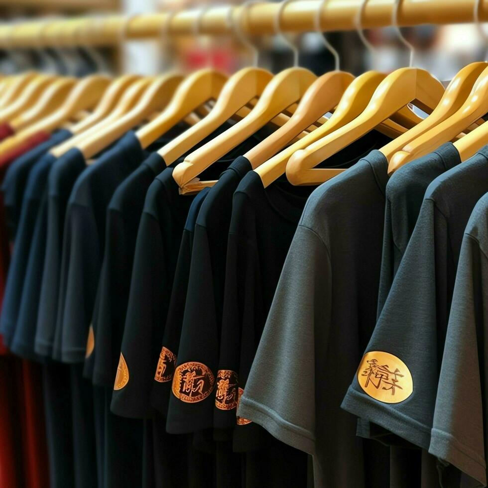 Row of fashionable polo t-shirts for man on wooden hanger or rack in a clothing boutique retail shop concept by AI Generated photo