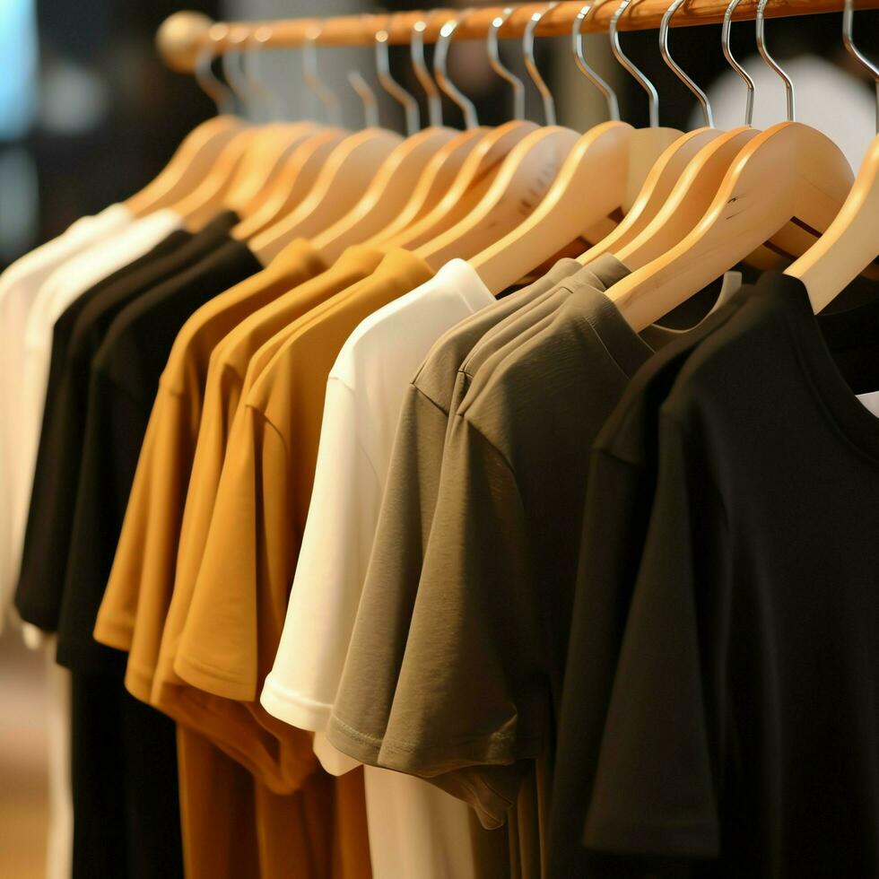 Row of fashionable polo t-shirts for man on wooden hanger or rack in a clothing boutique retail shop concept by AI Generated photo