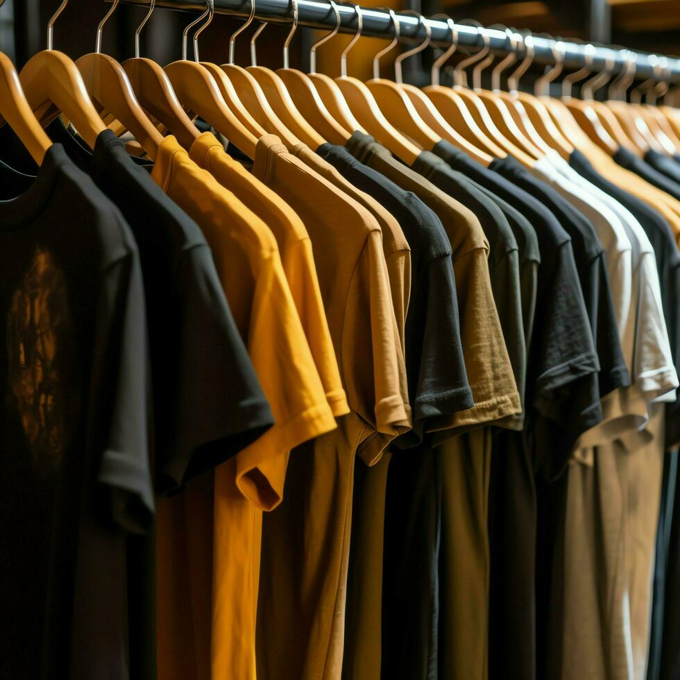 fila de de moda polo camisetas para hombre en de madera percha o estante en un ropa boutique Al por menor tienda concepto por ai generado foto