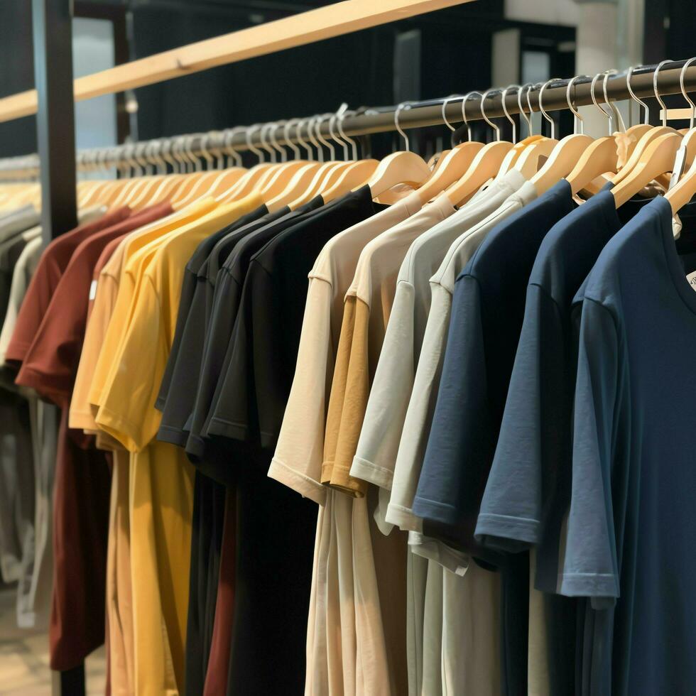 Row of fashionable polo t-shirts for man on wooden hanger or rack in a clothing boutique retail shop concept by AI Generated photo