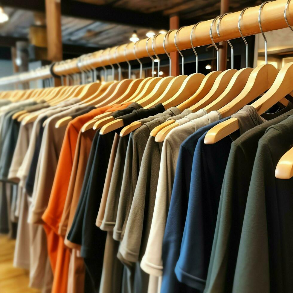 fila de de moda polo camisetas para hombre en de madera percha o estante en un ropa boutique Al por menor tienda concepto por ai generado foto